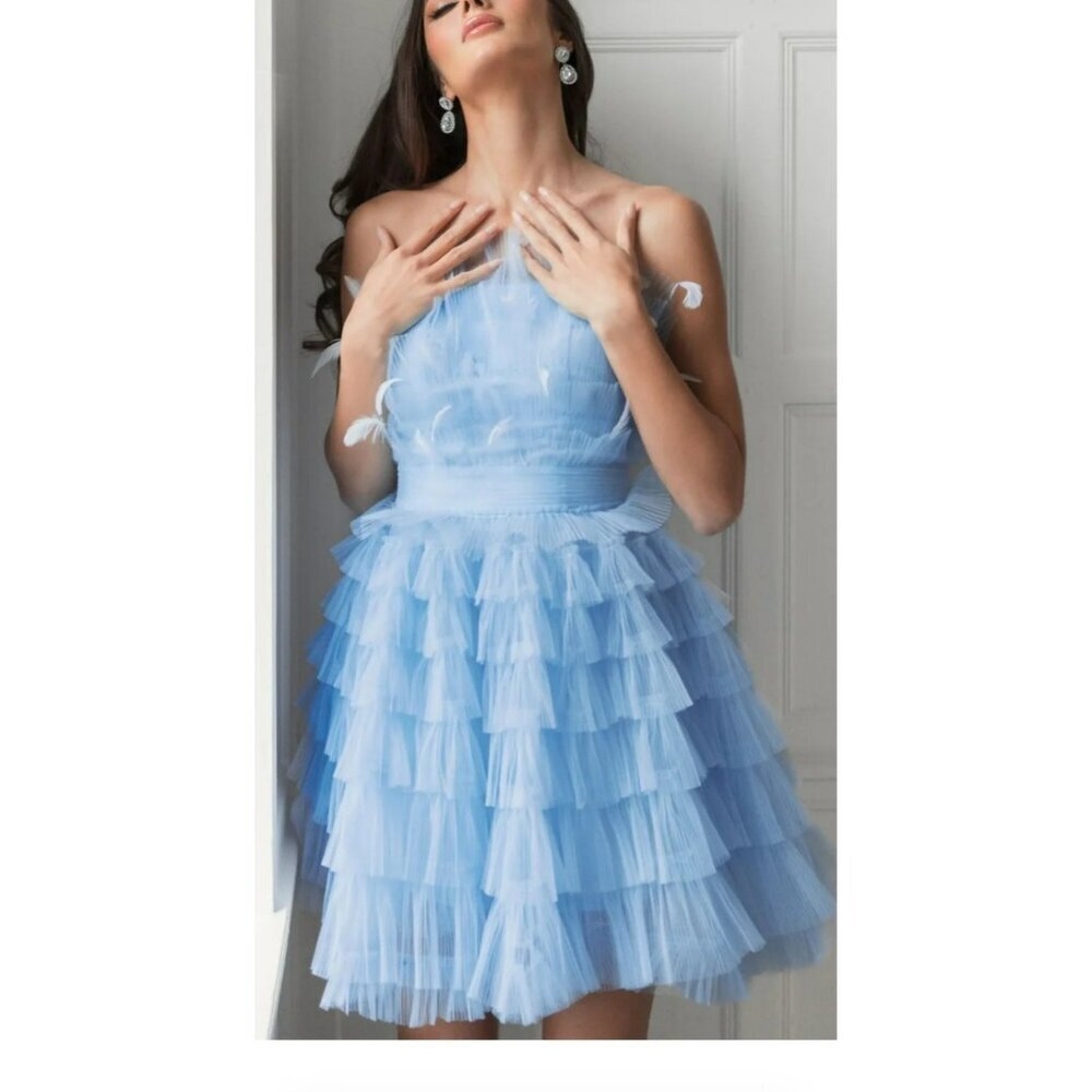 Mac Duggal Tulle Feather Tiered Formal Evening Dress Sz 4 NWT 20529